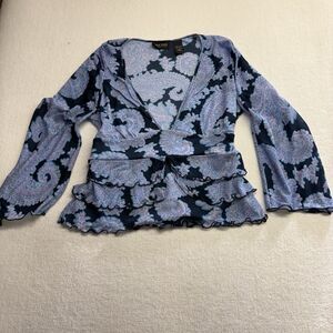 Vintage New York & Company Blue Mesh Layered Design Nylon Top Size L Bell Sleeve